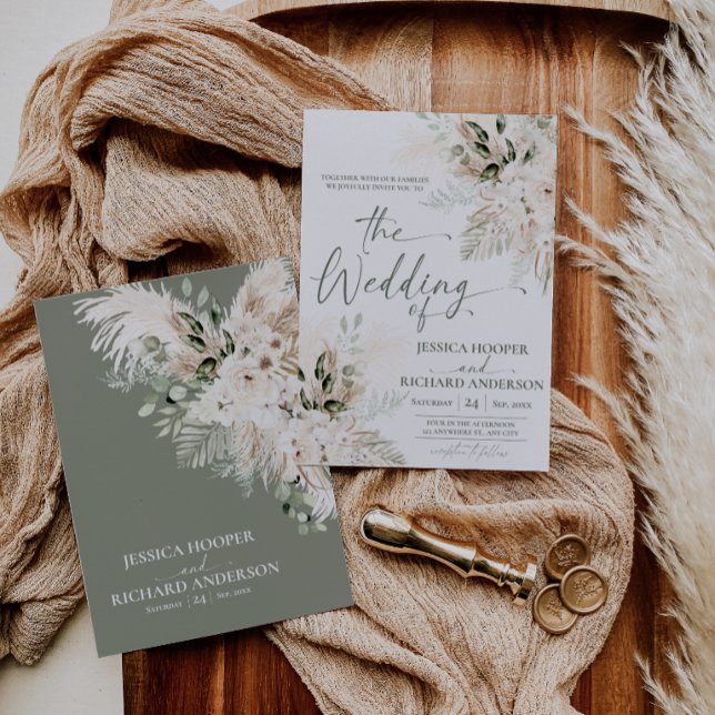 Faire-part de mariage floral Boho Pampas verdure  (Boho Pampas Greenery Floral Wedding Invitation Card)