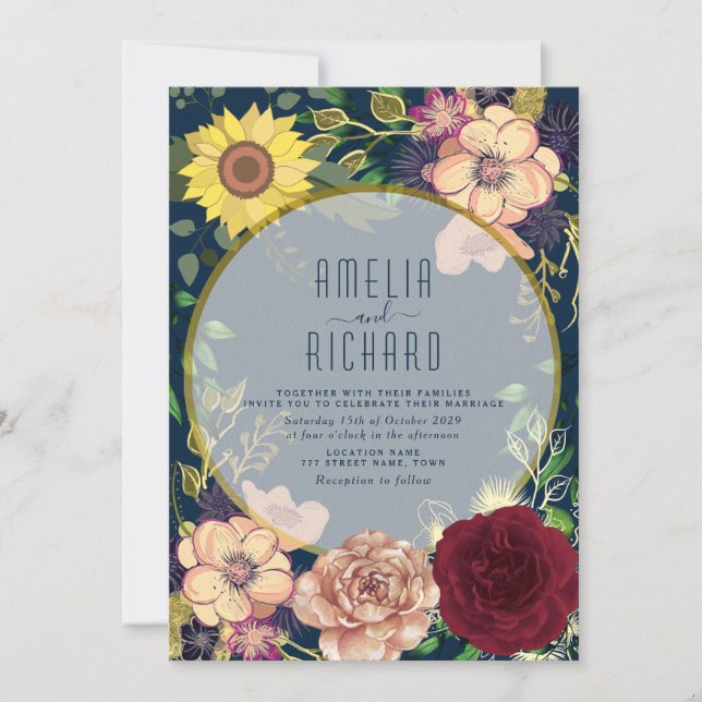 Faire-part de mariage floral boho rose et bleu mar (Devant)