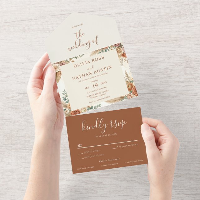 Faire-part de mariage floral boho RSVP tout-en-un (Déchirure)