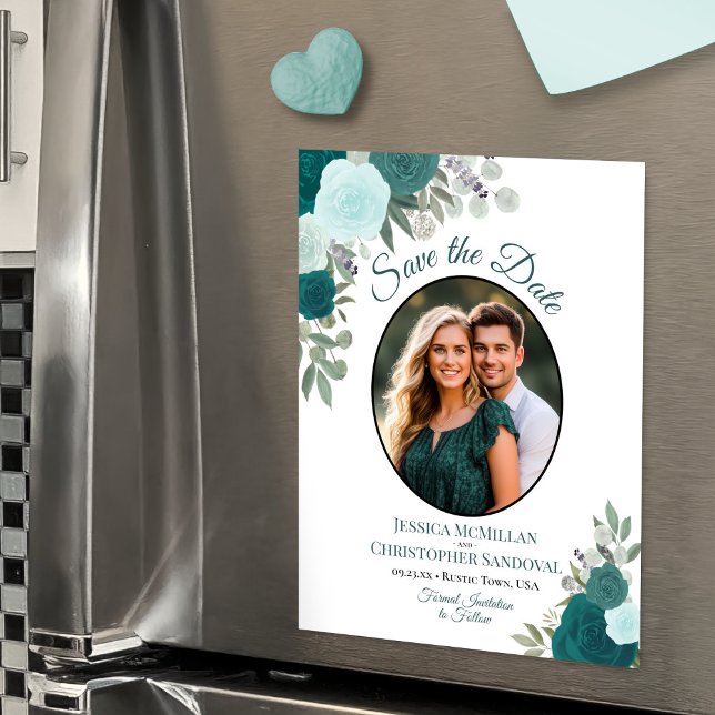 Faire-part de mariage floral boho sarcelle et phot (Magnetic Card for Easy Display!)