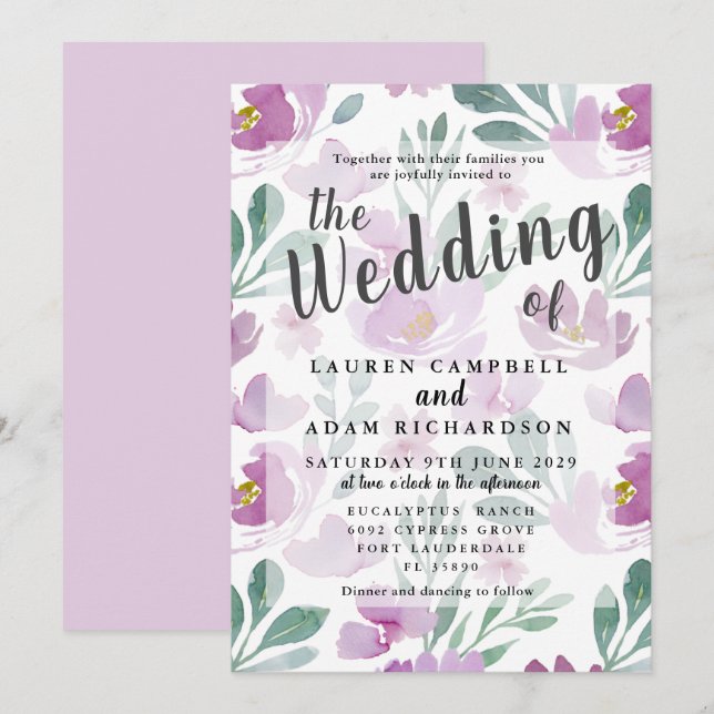 Faire-part de mariage floral boho violet (Devant / Derrière)