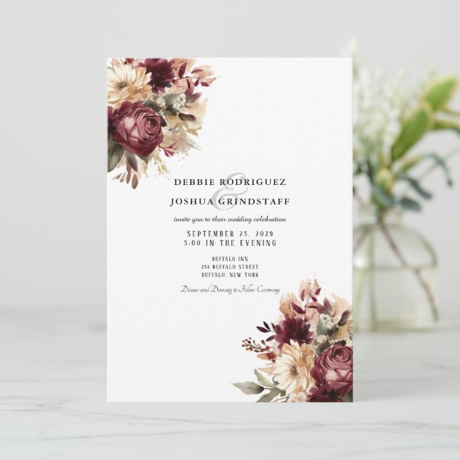 Faire-part de mariage floral bordeaux (Debout devant)