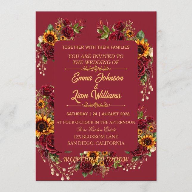 Faire-part de mariage floral bordeaux (Devant)