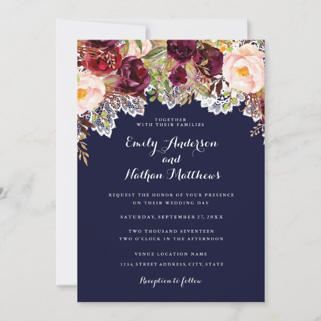 Faire-part de mariage floral bordeaux en dentelle (Devant)