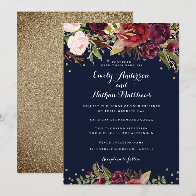 Faire-part de mariage floral bordeaux et confettis (Devant / Derrière)