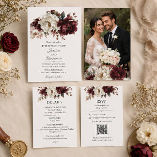 Faire-part de mariage floral bordeaux et ivoire
