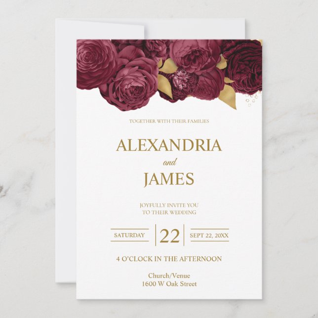 Faire-part de mariage floral bordeaux et or (Devant)