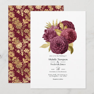Faire-part de mariage floral bordeaux et or vintag