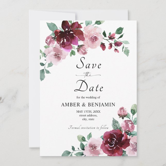 Faire-part de mariage floral bordeaux et rose poud (Devant)