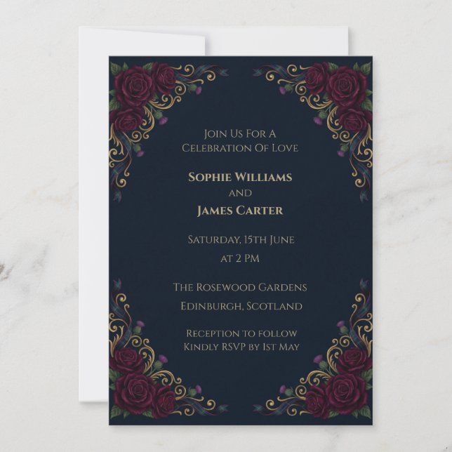 Faire-part de mariage floral bordeaux foncé (Devant)