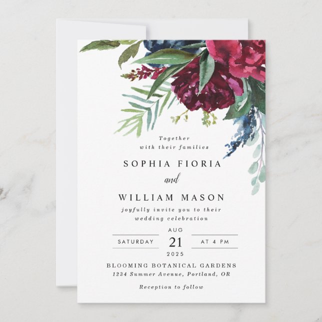 Faire-part de mariage floral bordeaux marine (Devant)