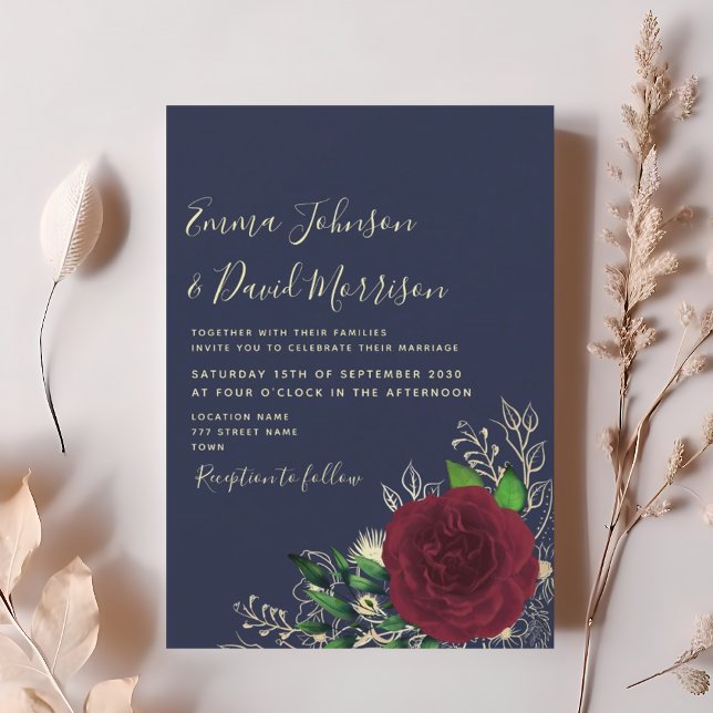 Faire-part de mariage floral bordeaux marine (Créateur téléchargé)