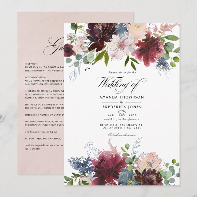 Faire-part de mariage floral bordeaux, marine et r (Devant / Derrière)