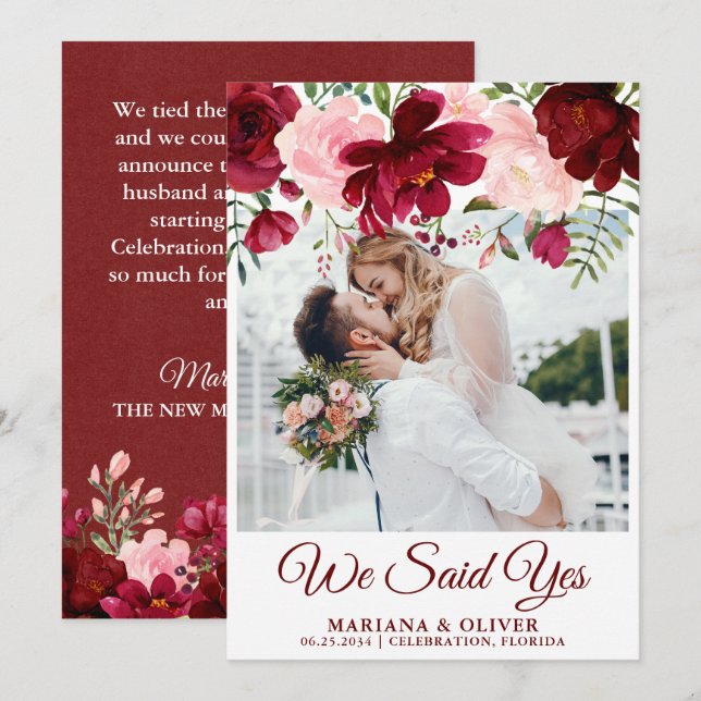 Faire-part de mariage floral bordeaux rose (Devant / Derrière)