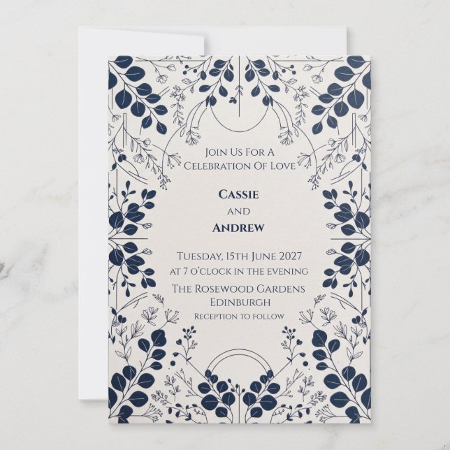 Faire-part de mariage floral botanique bleu marine (Devant)