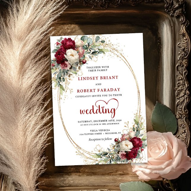 Faire-part de mariage floral botanique boho Bourgo (Burgundy Boho Botanical Floral Wedding Invite)
