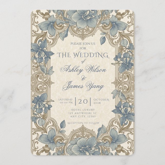 Faire-part de mariage floral botanique or bleu (Devant)