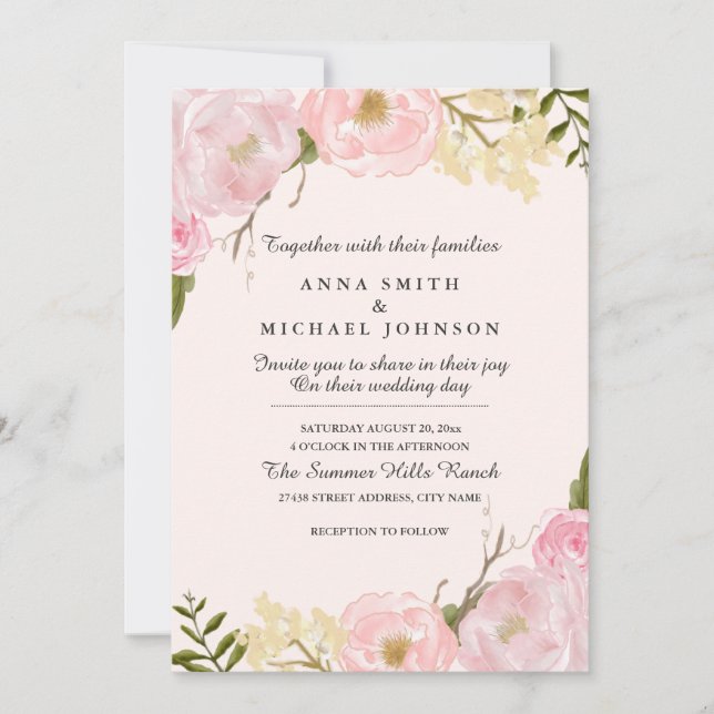 Faire-part de mariage floral botanique rose blush (Devant)