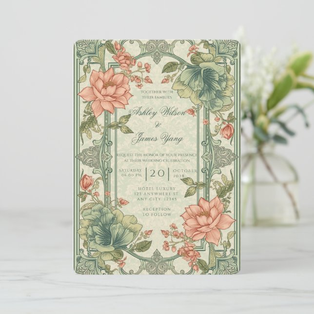 Faire-part de mariage floral botanique vert rose (Debout devant)