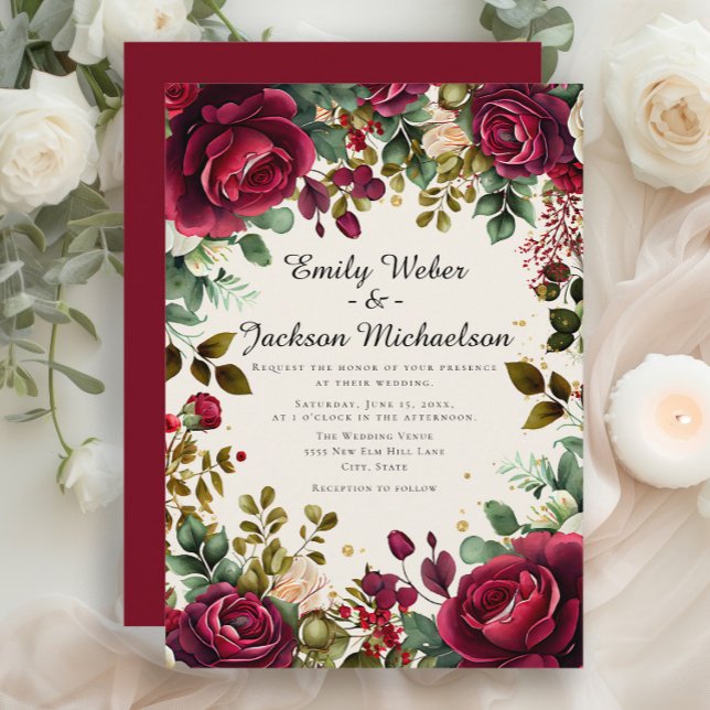 Faire-part de mariage Floral Bourgogne Écriture Ro (Burgundy / red roses and greenery wedding invitation)