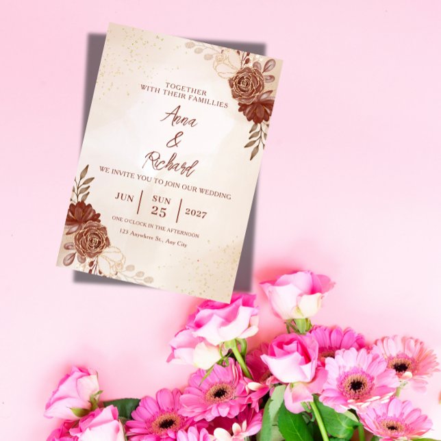 Faire-part de mariage floral Bourgogne & Or (Créateur téléchargé)