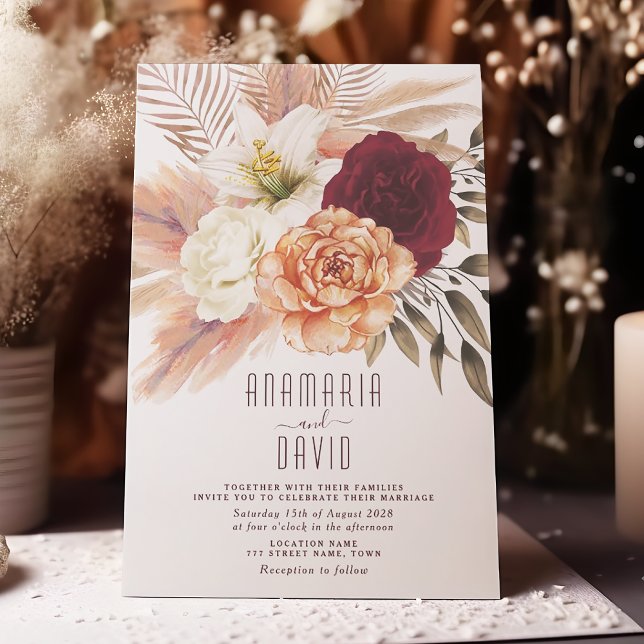 Faire-part de mariage floral Bourgogne pêche (Créateur téléchargé)