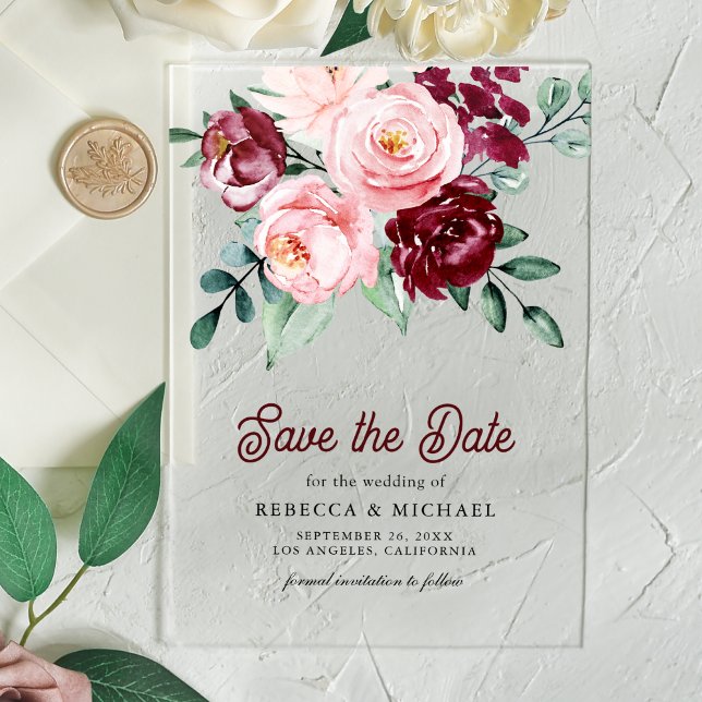 Faire-part de mariage floral Bourgogne rose (Créateur téléchargé)