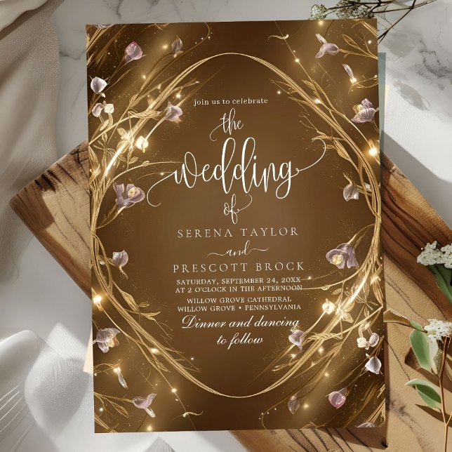 Faire-part de mariage floral brillant doré (Créateur téléchargé)