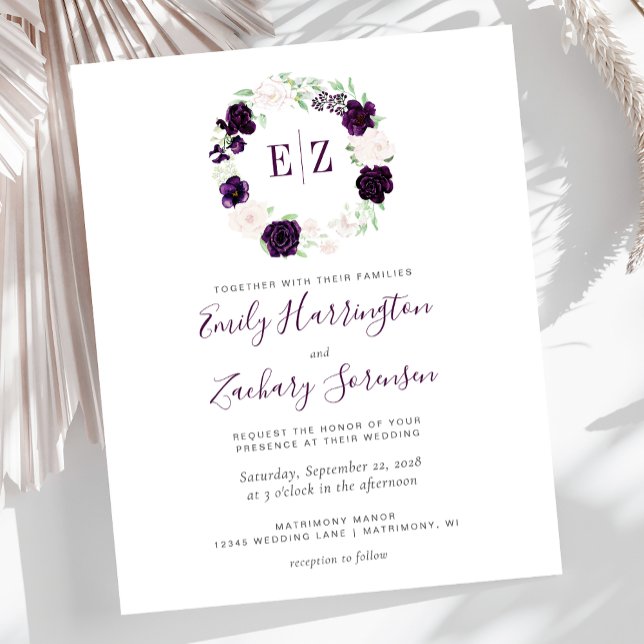 Faire-part de mariage floral Budget Monogram Viole (Créateur téléchargé)