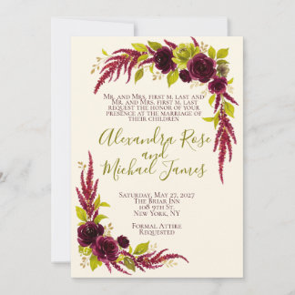 Faire-part de mariage floral Chartreuse et Bourgog