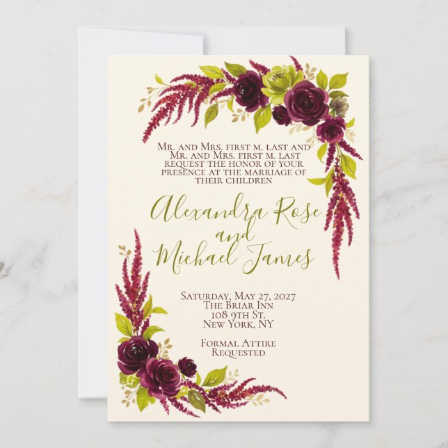 Faire-part de mariage floral Chartreuse et Bourgog (Devant)