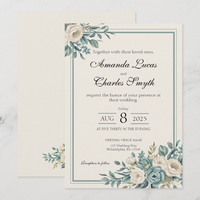 Faire-part de mariage floral clair (Devant / Derrière)