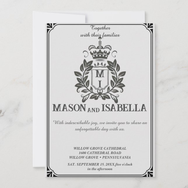 Faire-part de mariage Floral Classique Monogram Cr (Devant)