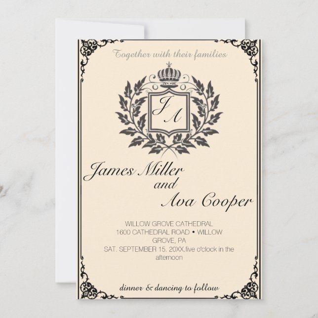 Faire-part de mariage Floral Classique Monogram Cr (Devant)