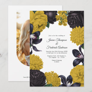 Faire-part de mariage floral code photo/QR noir et