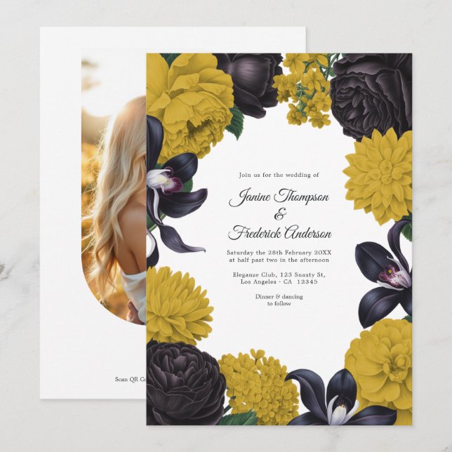 Faire-part de mariage floral code photo/QR noir et (Devant / Derrière)
