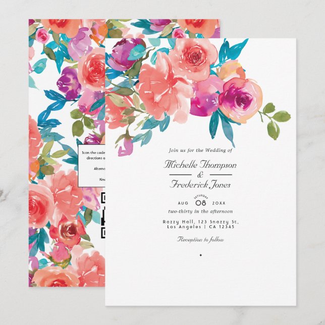 Faire-part de mariage floral Coral et Fandango (Devant / Derrière)