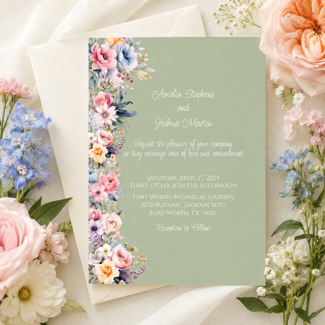Faire-part de mariage floral couleur vert sauge (Créateur téléchargé)