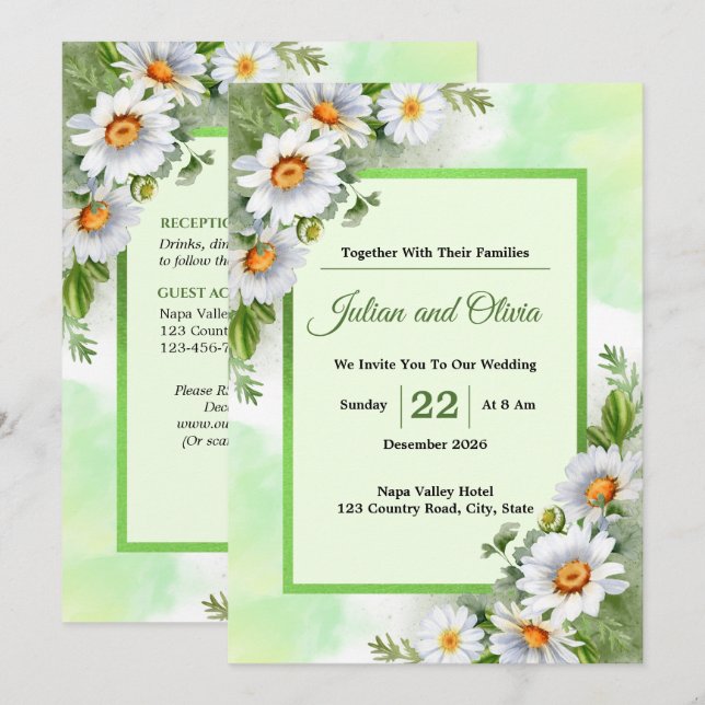 Faire-part de mariage floral Daisy Blanc Rustique (Devant / Derrière)