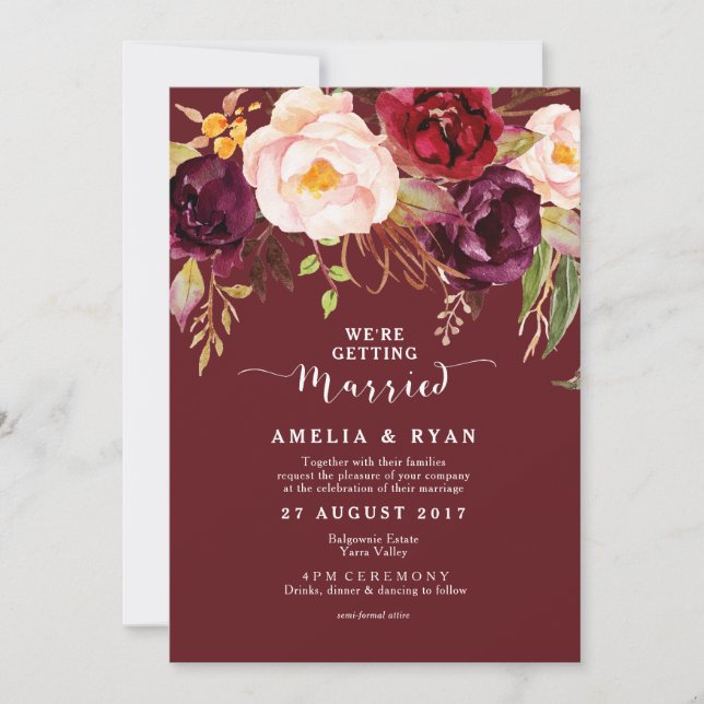 Faire-part de mariage Floral de Bourgogne-Marsala (Devant)