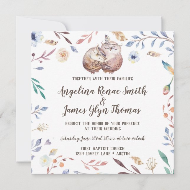 Faire-part de mariage floral de chouettes Boho Lov (Devant)