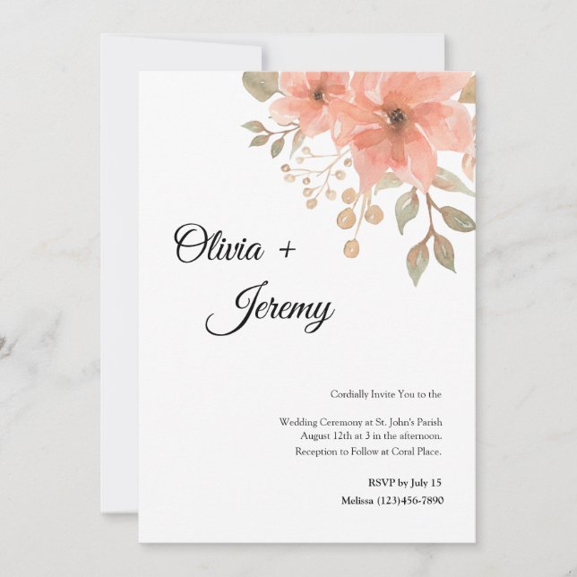 Faire-part de mariage floral de corail (Devant)