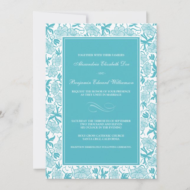 Faire-part de mariage floral de fantaisie d'Aqua (Devant)