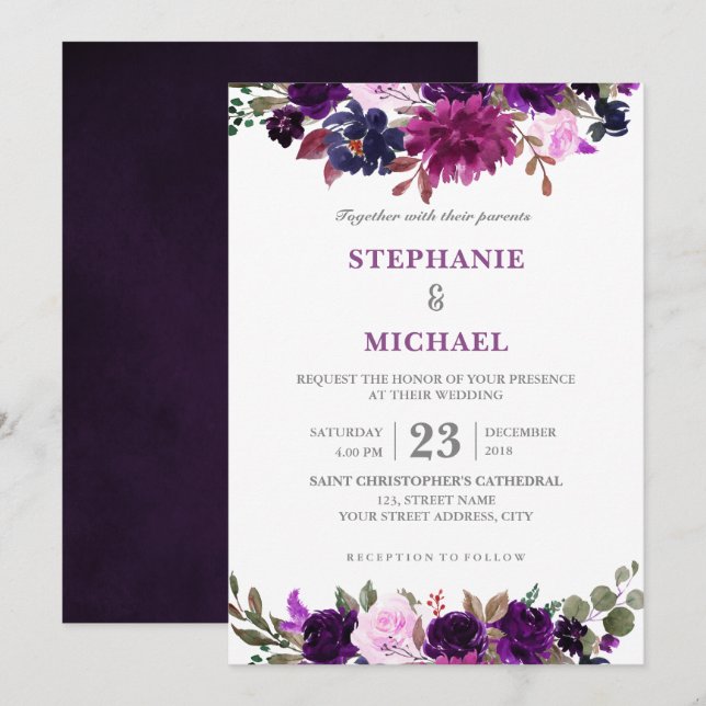Faire-part de mariage floral de lavande violette (Devant / Derrière)