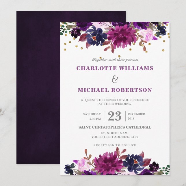 Faire-part de mariage floral de lavande violette (Devant / Derrière)