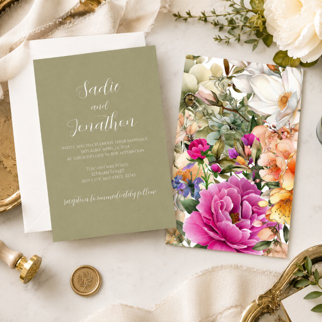Faire-part de mariage floral de printemps vert sau (Créateur téléchargé)