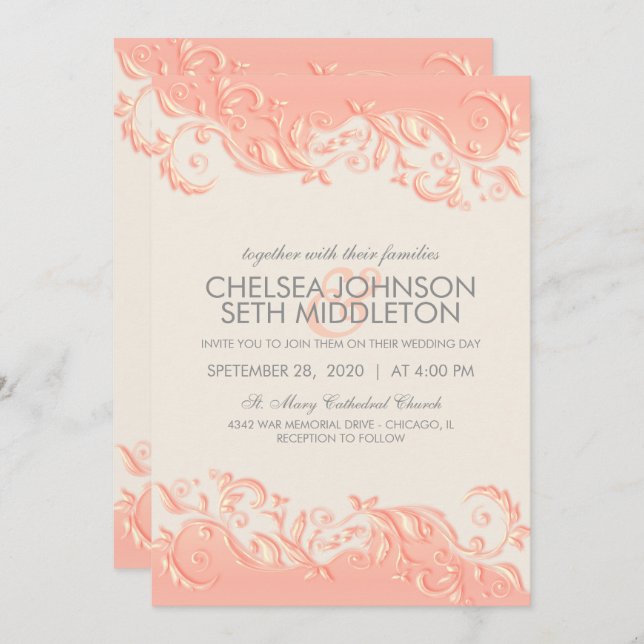 Faire-part de mariage floral de remous de pêche (Devant / Derrière)