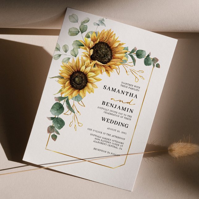 Faire-part de mariage floral de tournesol Eucalypt (Sunflower Eucalyptus Elegant Botanical Wedding Invitation)