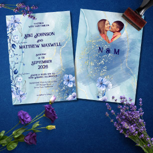 Faire-part de mariage floral Delphinium bleu marin