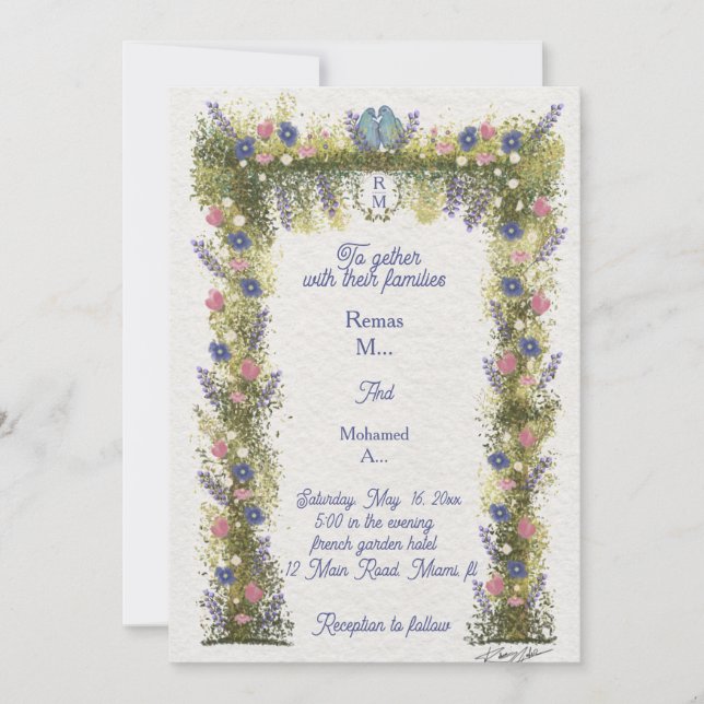 Faire-part de mariage floral dessiné à la main élé (Devant)
